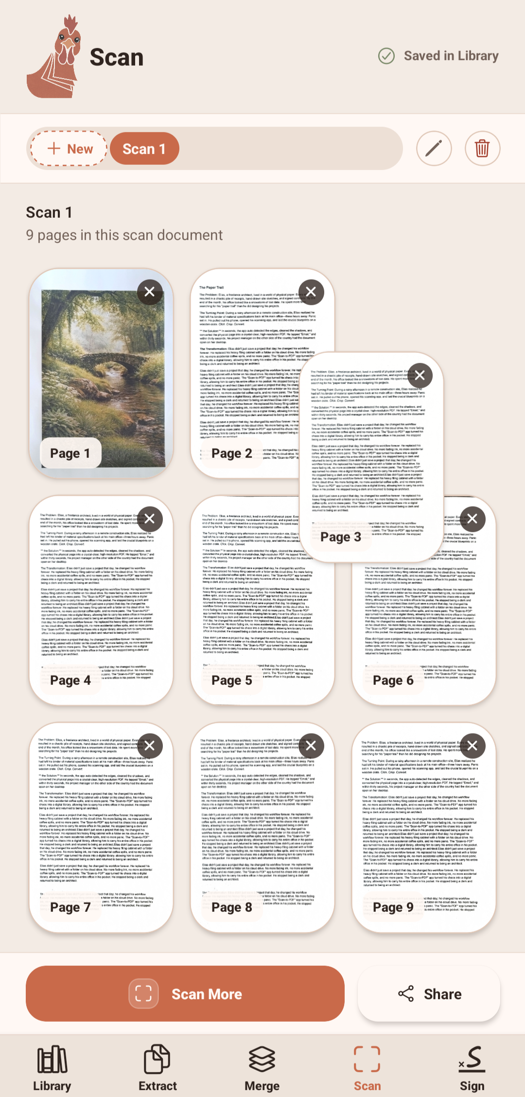 CoucoPDF scan workspace showing a 9-page scanned document