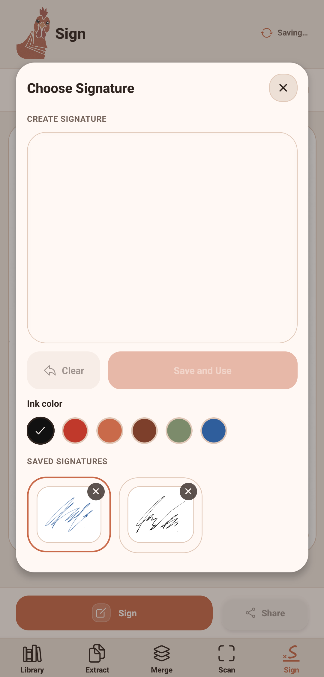 CoucoPDF signature studio with ink color choices